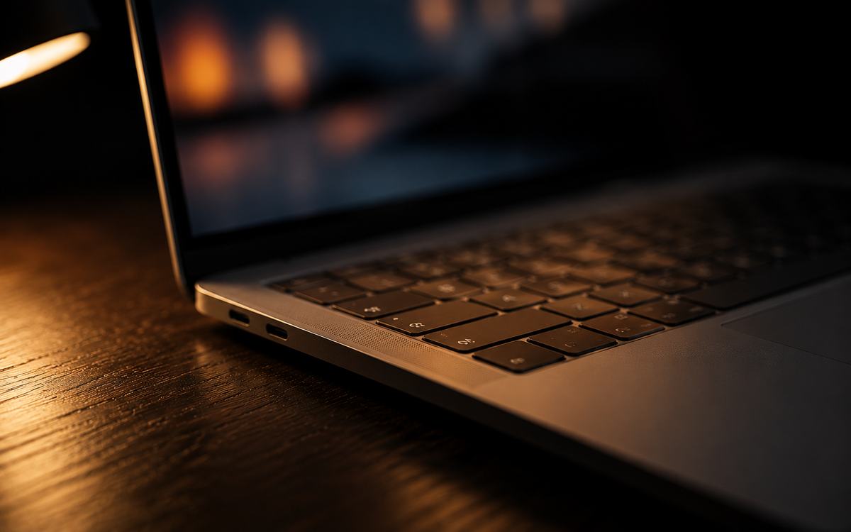 Close-up of a laptop keyboard lit by warm desk light, representing the self-paced study experience