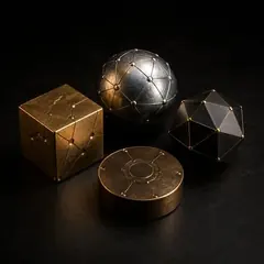 Four connected geometric metal shapes, representing Lesson 2: Cryptocurrency Landscape